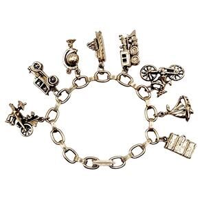Vintage Travel Charm Bracelet Silver Tone Book Link 6.5” Globe Train Bicycle